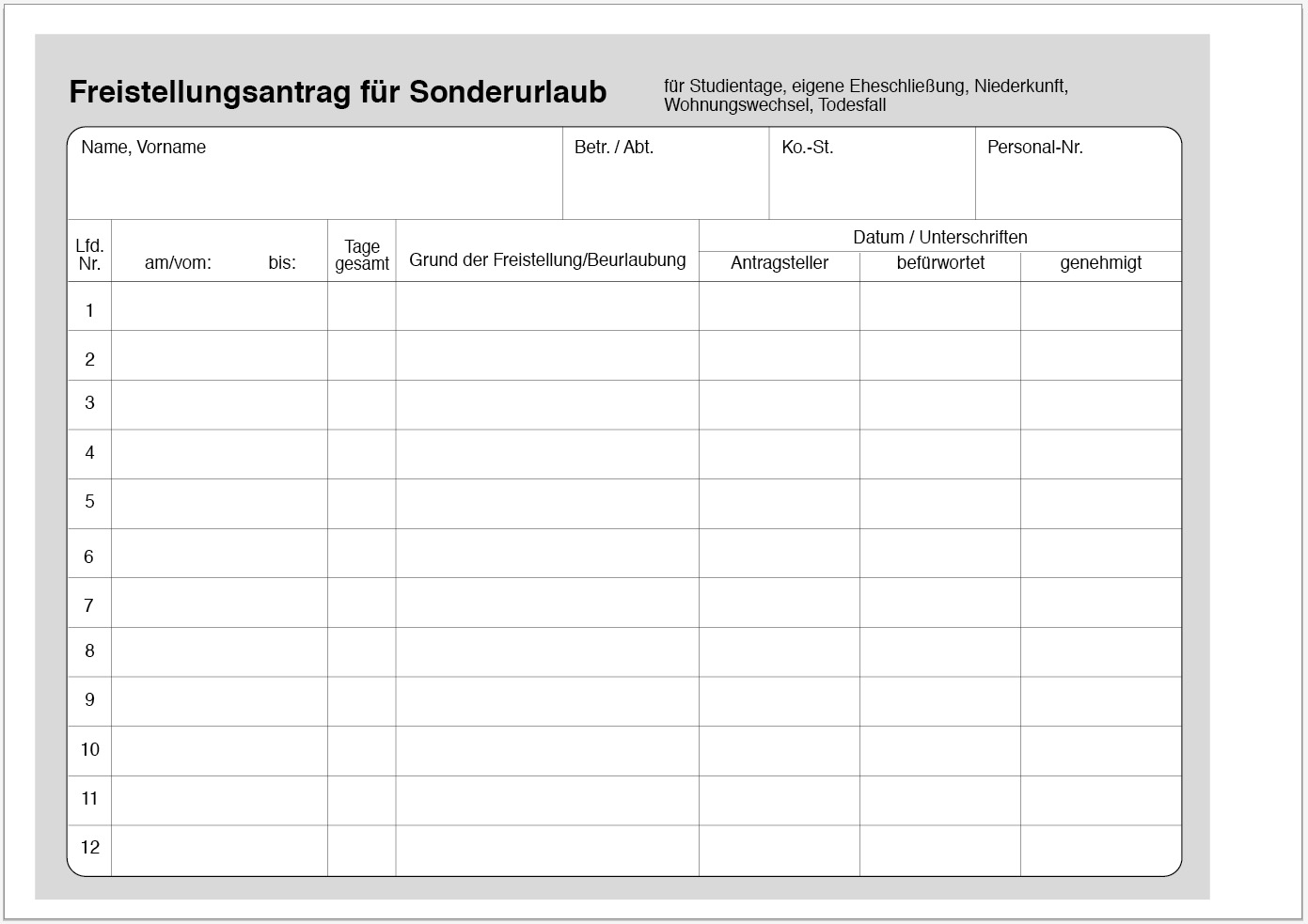 Urlaubsantrag, Freistellungsantrag, Seite 2