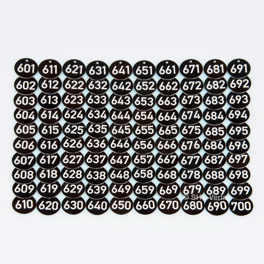 Baummarken #601-700, Baumplaketten d=35 x 1mm, Laser-Gravur, nummeriert, Aluminium eloxiert, schwarz,