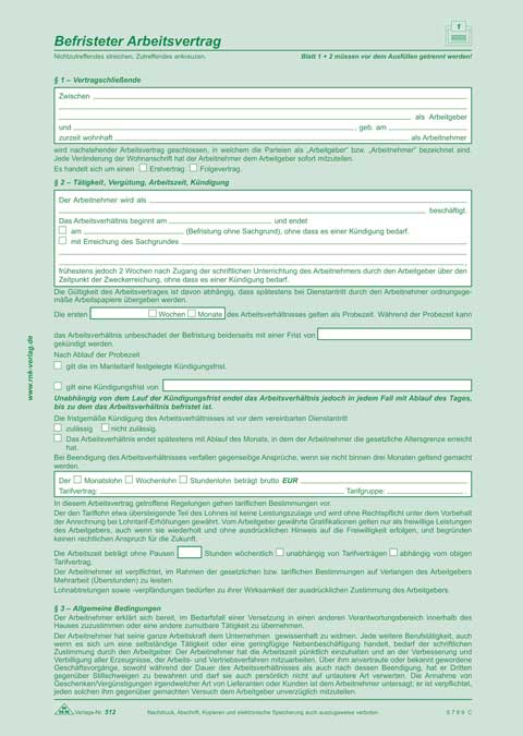 Befristeter Arbeitsvertrag - SD, 2 x 2 Blatt, DIN A4, + 1 Seite, DIN A4, mit Hinweisen mit oder ohne Sachgrund