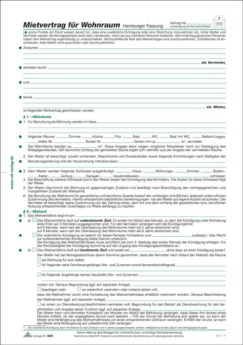 Mietvertrag für Wohnraum - Hamburger Fassung, 6 Seiten, gefalzt auf DIN A4 nach Norddeutschem Brauch