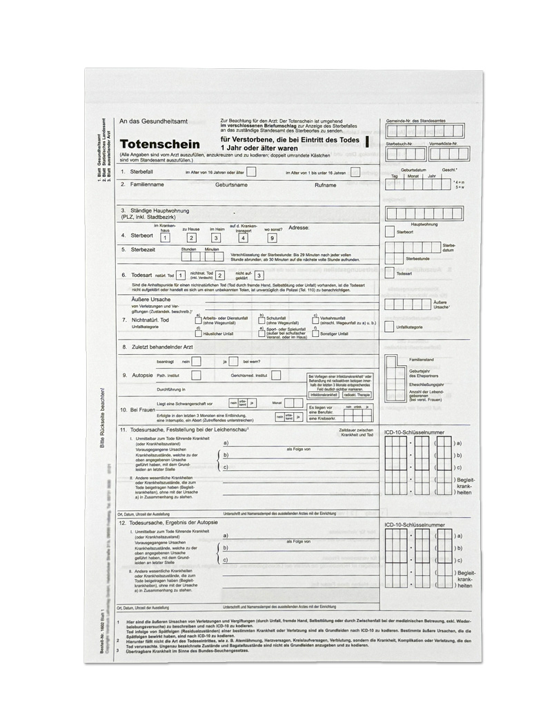 Totenschein / Todesbescheinigung  ( Thüringen ) Formular DIN A4, 3-fach SD