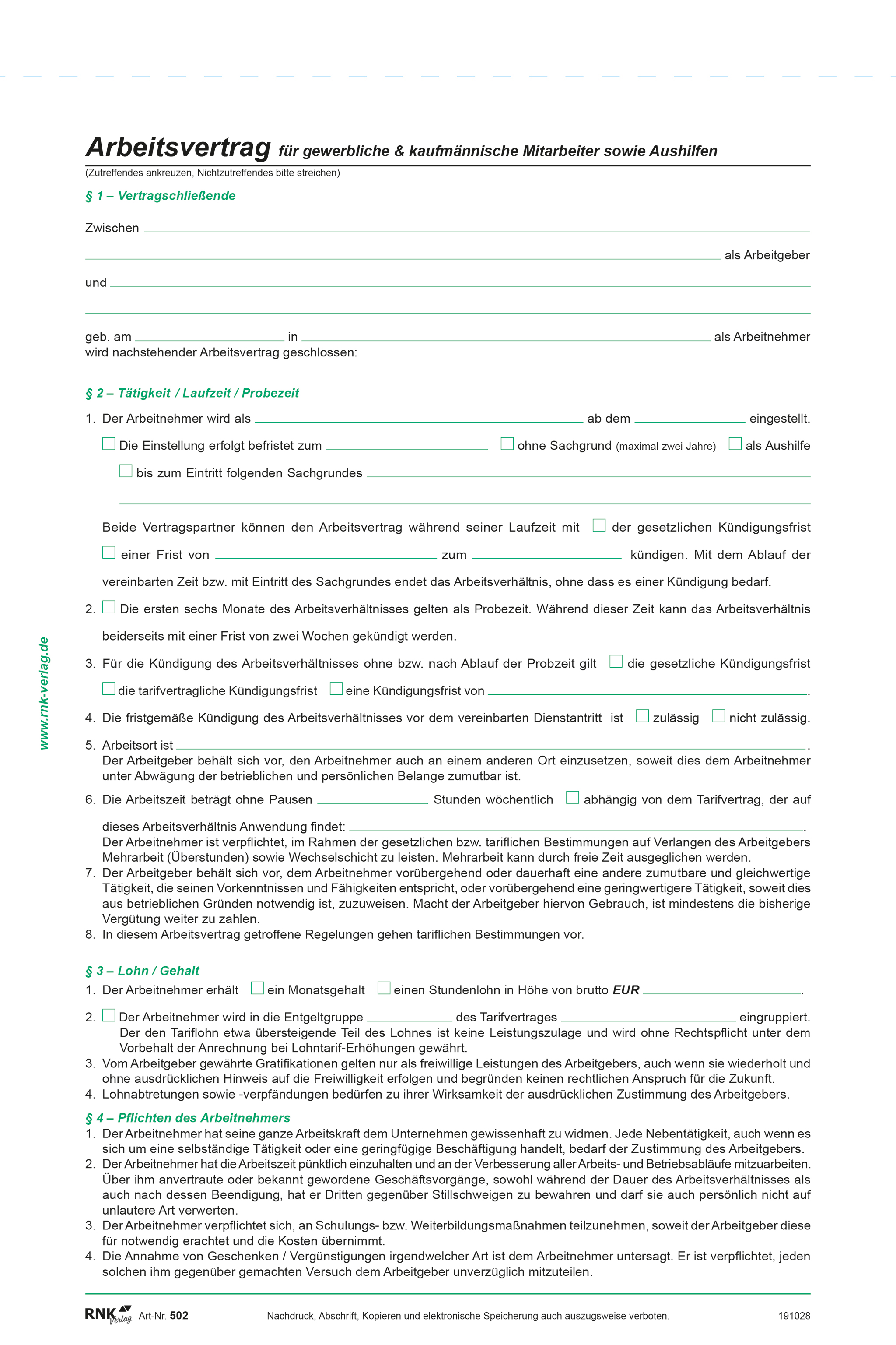 Arbeitsvertrag für gewerbliche und kaufmännische Mitarbeiter sowie Aushilfen - selbstdurchschreibend 2