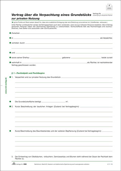 Vertrag über die Verpachtung eines Grundstücks, 4 Seiten, gefalzt auf DIN A4 für die Verpachtung eines Grundstücks zur privaten Nutzung