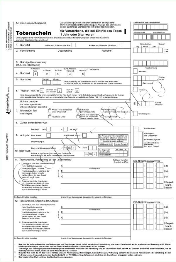 Totenschein für Personen, die bei Todeseintritt 1 Jahr und älter waren 