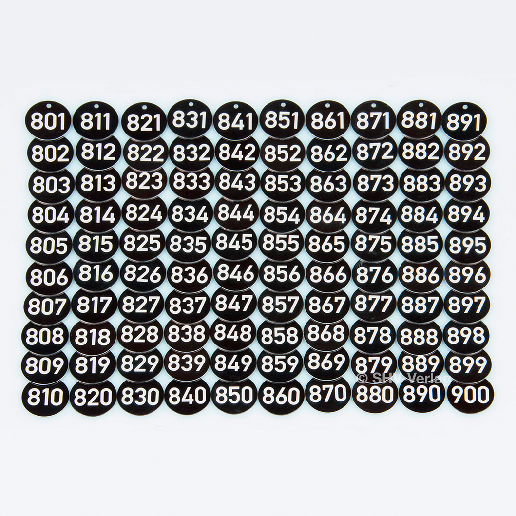 801-900FuqgJaVifeuRg Baummarken #801-900, Baumplaketten, d=35 x 1mm, Laser-Gravur, nummeriert, Aluminium eloxiert, schwarz,
