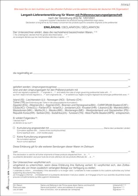 Langzeit-Lieferantenerklärung für Waren mit Präferenzursprungseigenschaft Vorderseite