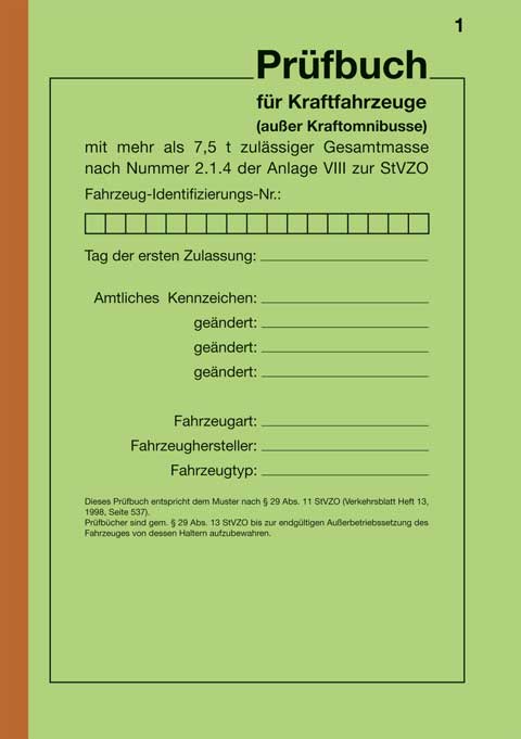 Prüfbuch für Kraftfahrzeuge mit mehr als 7,5 t, Umschlag