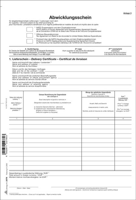 Abwicklungsschein für abgabenbegünstigte Lieferungen/ Leistungen nach dem NATO-Truppenstatut Seite 5