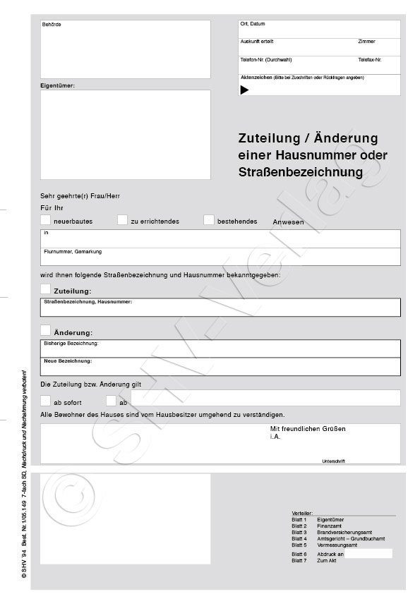 Zuteilung/Änderung einer Hausnummer oder Straßenbezeichnung