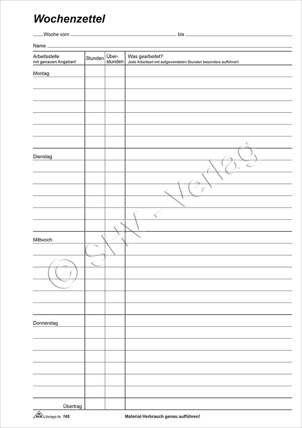 Wochenzettel - Block, 100 Blatt, DIN A4 zur Erfassung der Arbeitsleistung mit Wocheneinteilung