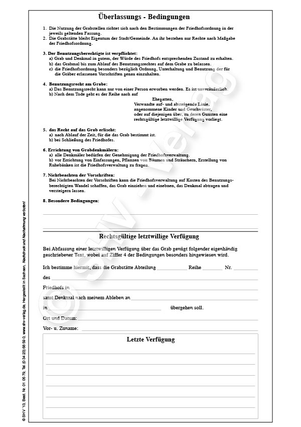 Urkunde, Neukauf einer Grabstaette Rückseite