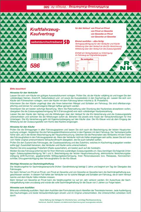 586___ebd001 Kaufvertrag für ein gebrauchtes Kraftfahrzeug - SD, 1 x 4 Blatt, DIN A4, + Hinweise und Plakat "Zu verkaufen" für den privaten oder gewerblichen Verkauf zum Selbstdurchschreiben