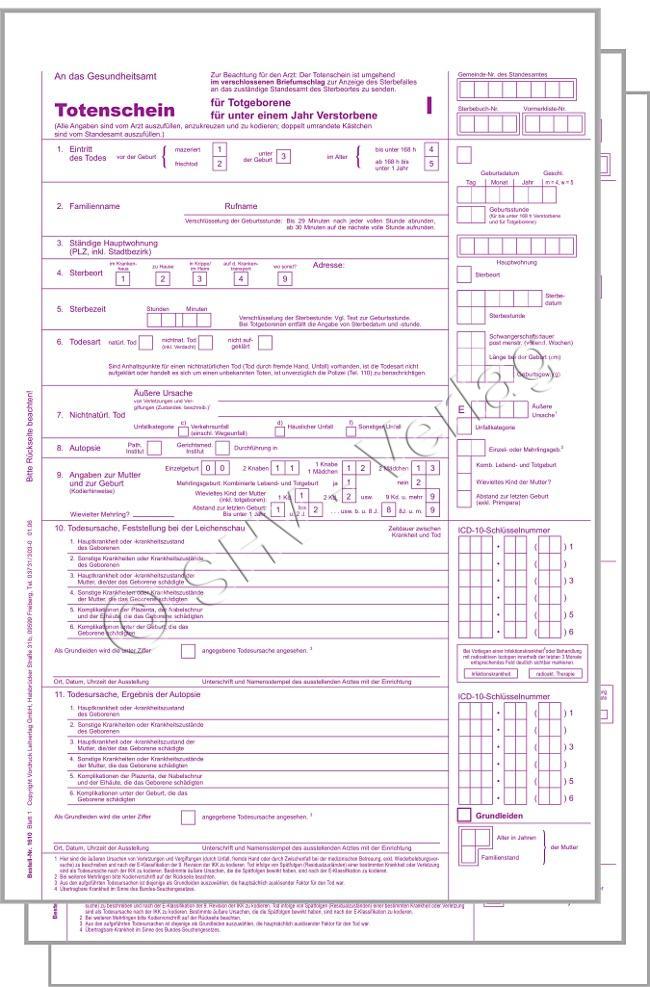 Totenschein für für Totgeborene / verstorbene Säuglinge unter 1 Jahr