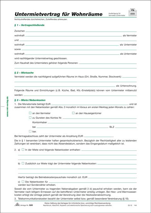 Untermietvertrag für Wohnräume