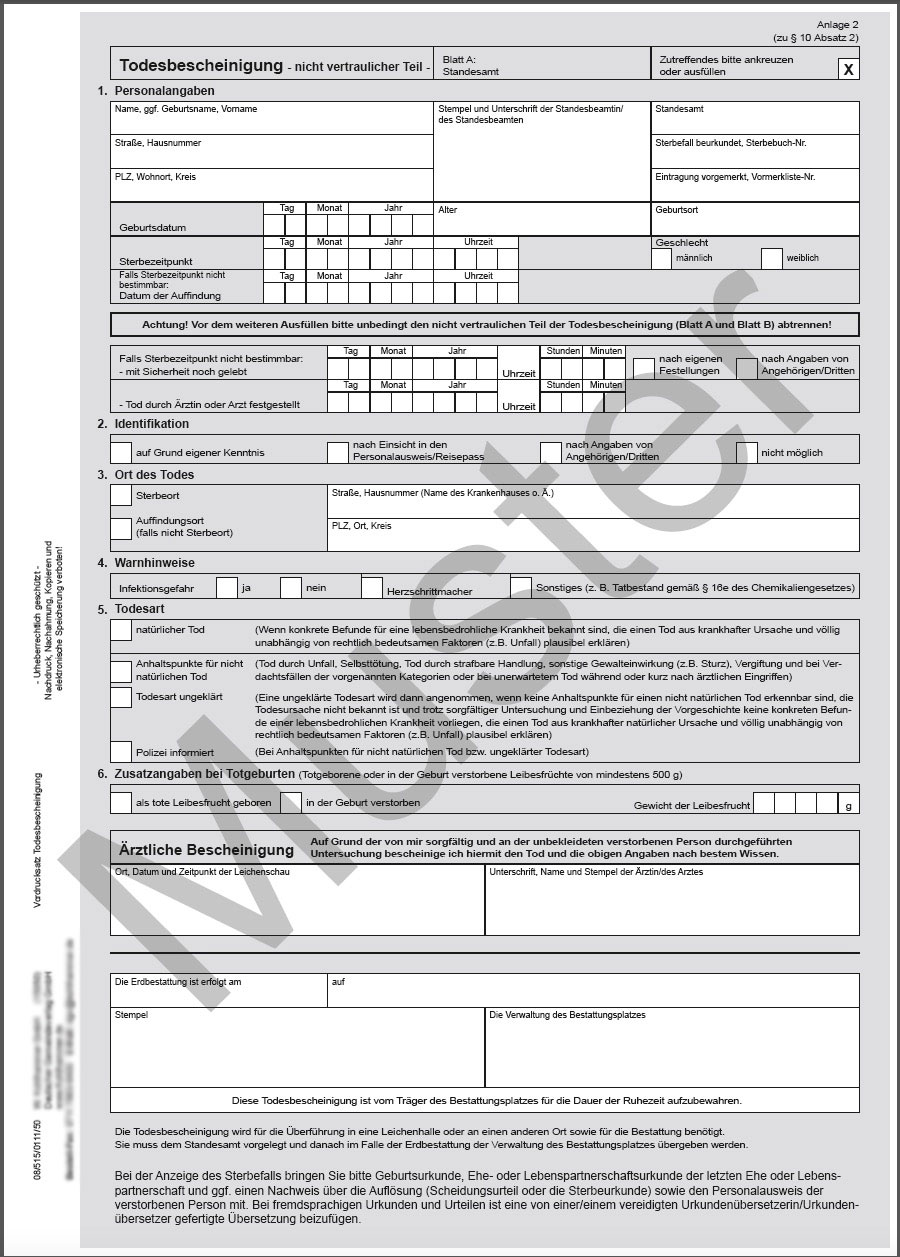 Todesbescheinigung für Baden-Würtemberg, Totenschein, DIN A4