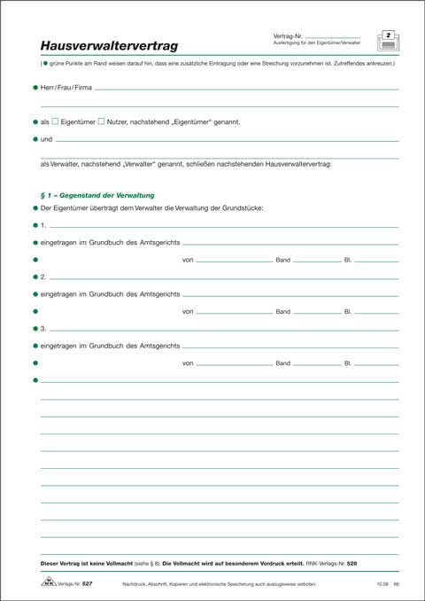 Hausverwaltervertrag, 4 Seiten, gefalzt auf DIN A4 zur Grundstücksverwaltung