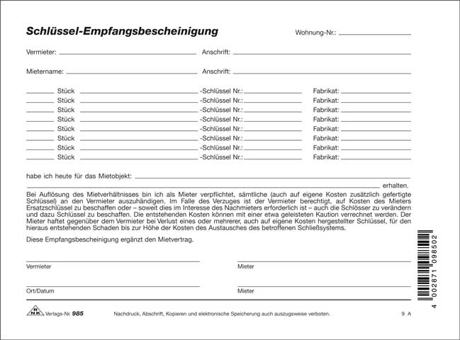 Schlüssel-Empfangsbescheinigung 