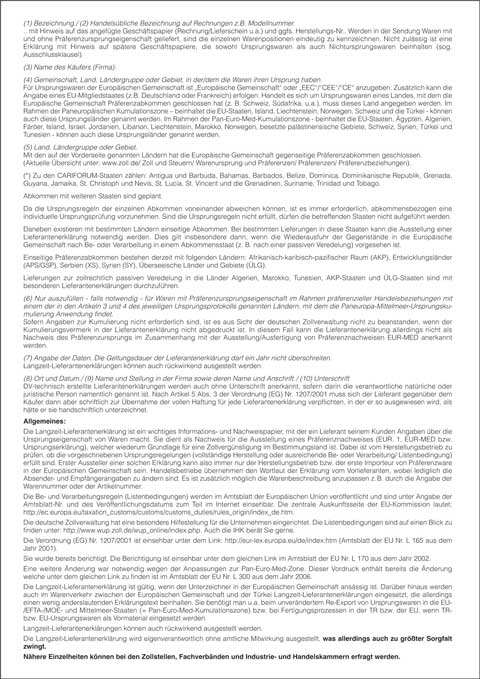 Langzeit-Lieferantenerklärung für Waren mit Präferenzursprungseigenschaft Rückseite