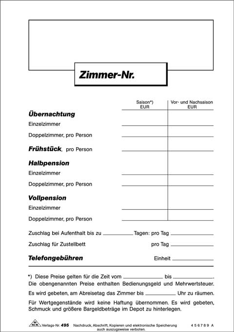 Hinweisschild "Zimmerpreisliste", 1 Seite, DIN A5 zur vorschriftsgemäßen Dokumentation der Preise