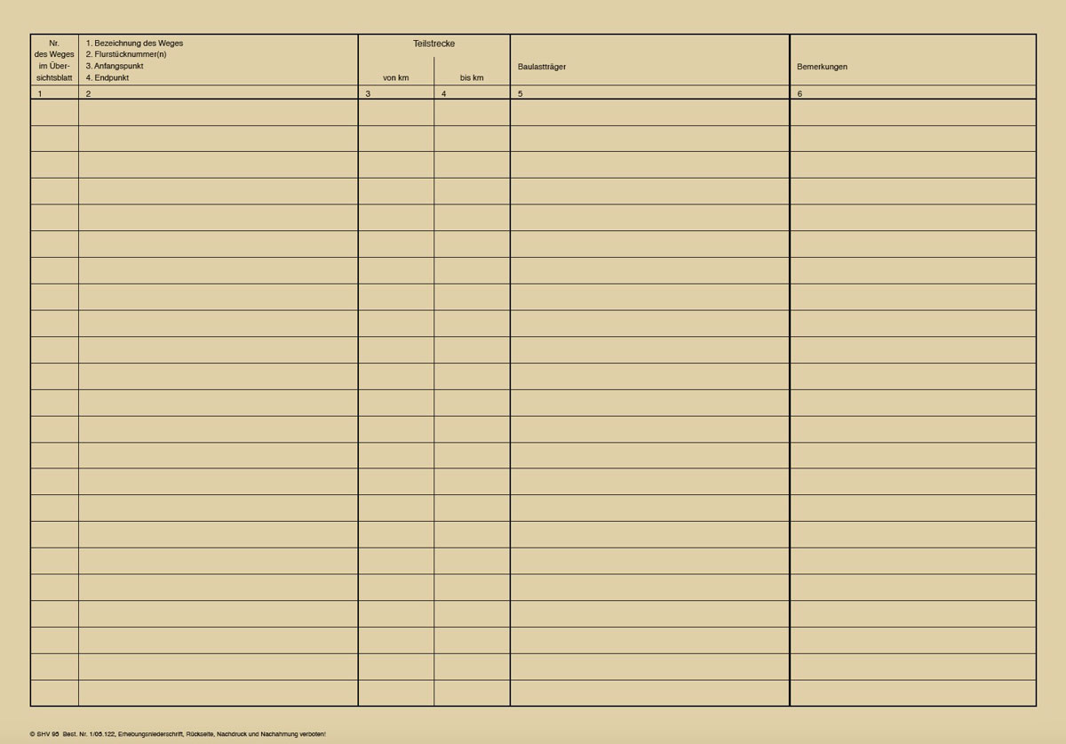 Bestandsverzeichnis A3 (tabellarisch) für Eigentümerwege RS