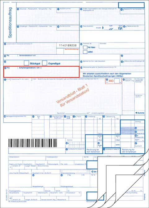 Speditionsauftrag nach VDA-Empfehlung - selbstdurchschreibend