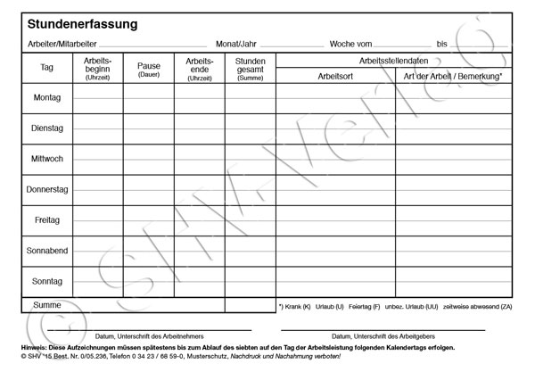 Arbeitszeitnachweisbuch Inhalt
