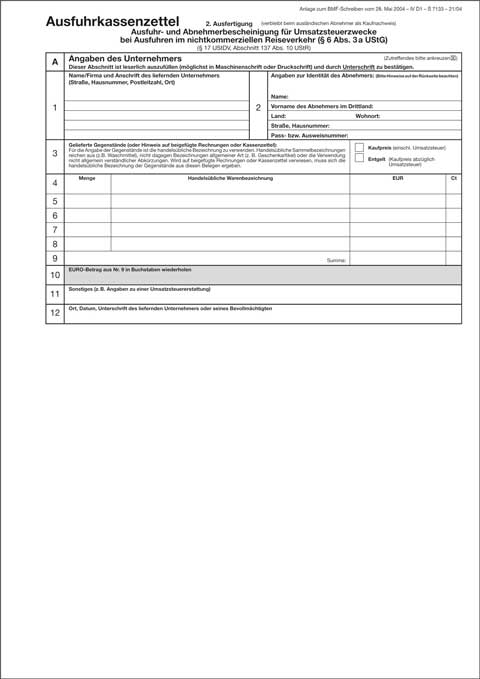 Ausfuhrkassenzettel Und Abnehmerbescheinigung für Umsatzsteuerzwecke Seite 2