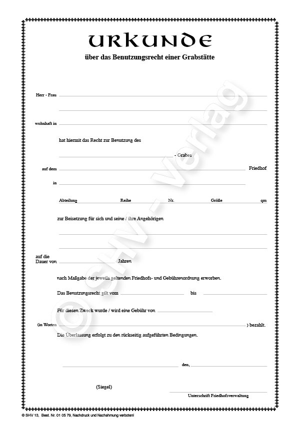 Urkunde, Neukauf einer Grabstaette Vorderseite