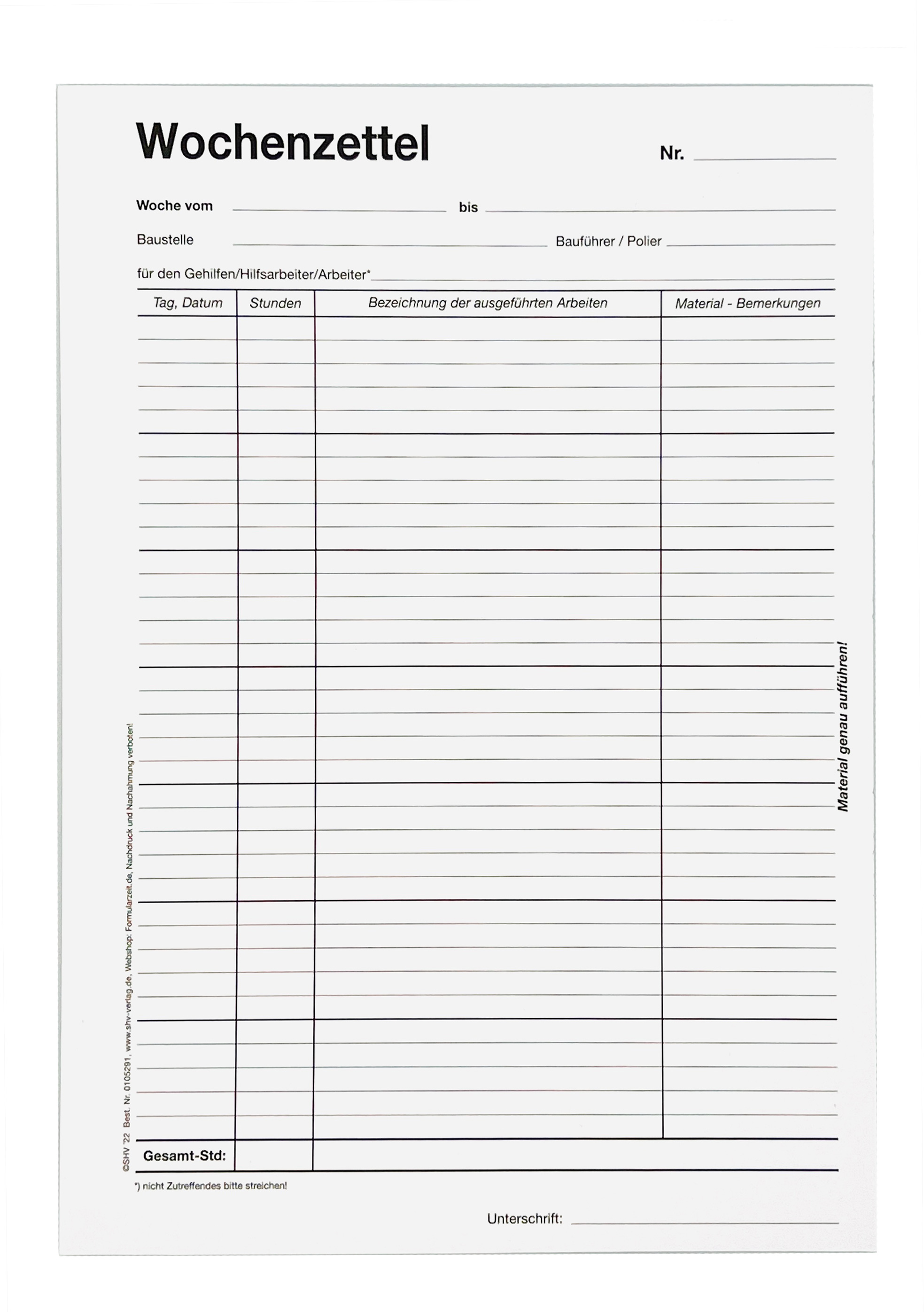 Wochenzettel - Block, 100 Blatt, DIN A4 mit viel Platz zur Erfassung der Arbeitsleistung-1
