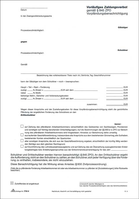 Vorläufiges Zahlungsverbot - selbstdurchschreibend