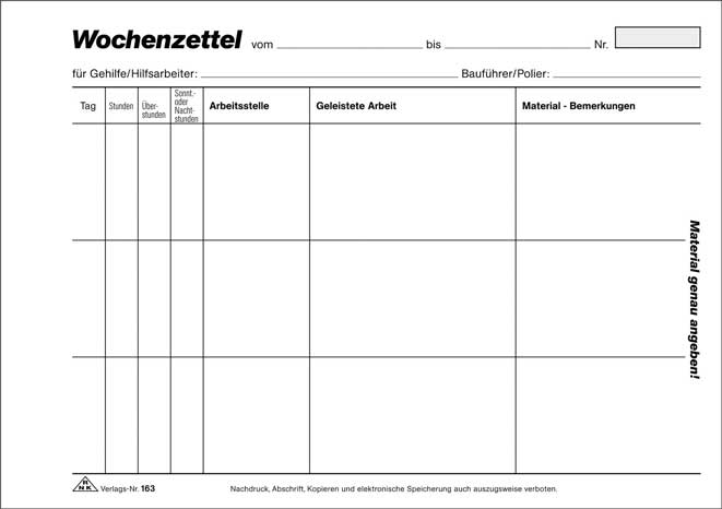 Wochenzettel - Block, 100 Blatt, DIN A5 quer zur detaillierten Arbeitszeiterfassung mit Materialverbrauch