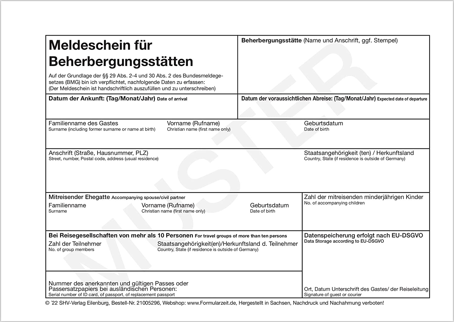 Meldeschein für Beherbergungsstätten - Block, alle Bundesländer