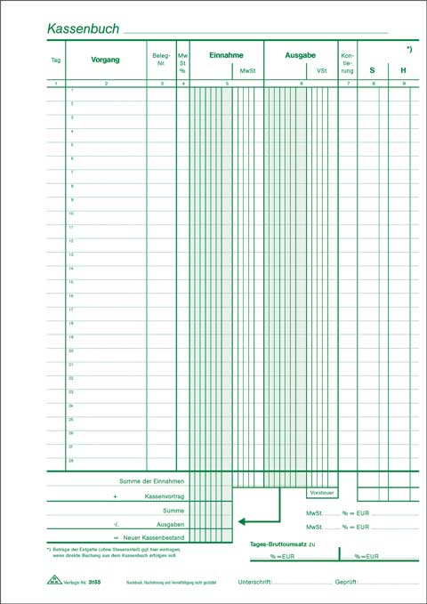 Kassenbuch - mit Umsatzsteuererfassung selbstdurchschreibend