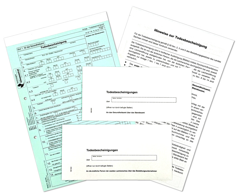 Todesbescheinigung, Totenschein mit Umschlag für Sachsen-Anhalt, Komplettsatz