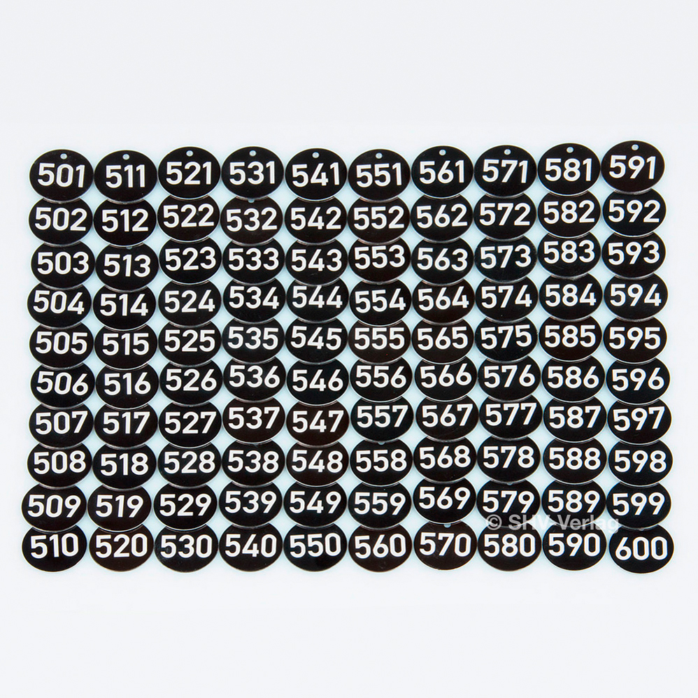 Baummarken #501-600, Baumplaketten d=35 x 1mm, Laser-Gravur, nummeriert, Aluminium eloxiert, schwarz,
