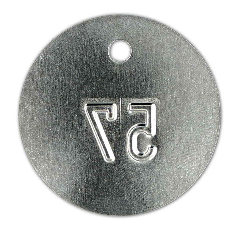 Weißblechplaketten, verzinntes Weißblech, Ø 45, Stärke 0,2 mm, 1 Loch oben 5 mm, geprägt, Set Nr 1-100 Weißblechplaketten, verzinntes Weißblech, Ø 45, Stärke 0,2 mm, 1 Loch oben 5 mm, geprägt, Set Nr 1-100