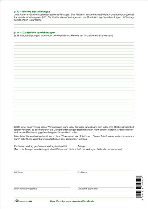 Landwirtschaftlicher Pachtvertrag, 4 Seiten, gefalzt auf DIN A4 zur Verpachtung landwirtschaftlicher Flächen