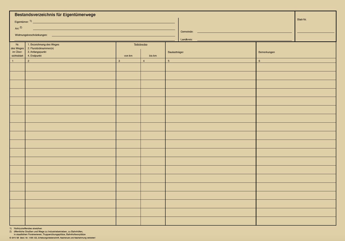 Bestandsverzeichnis A3 (tabellarisch) für Eigentümerwege VS