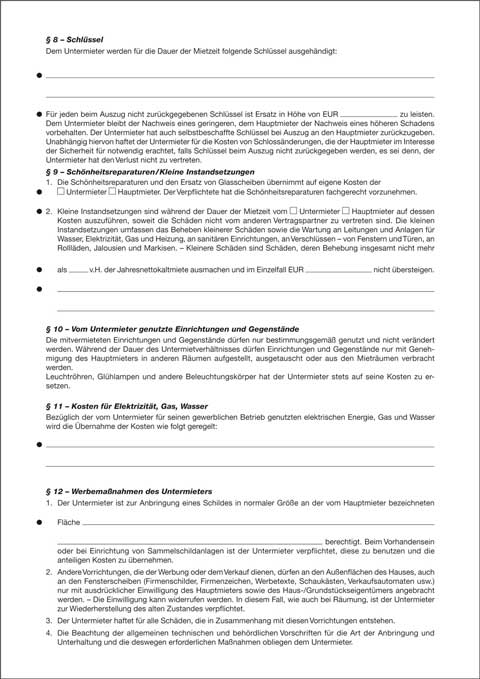 Untermietvertrag für Gewerberäume, 4 Seiten, gefalzt auf DIN A4 zur teilweisen oder vollständigen Untervermietung
