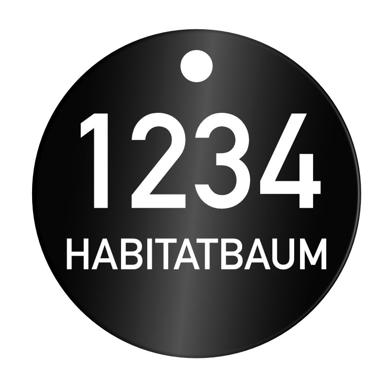 Habitatbaum, Plakette, Baummarke, ø 40 mm, Aluminium, farbig eloxiert, 2-zeilige Lasergravur Habitatbaum, Plakette, Baummarke, ø 40 mm, Aluminium, farbig eloxiert, 2-zeilige Lasergravur