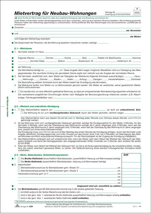 Mietvertrag für Neubau-Wohnungen, 4 Seiten, gefalzt auf DIN A4 + Hausordnung speziell für neu errichtete Wohnungen