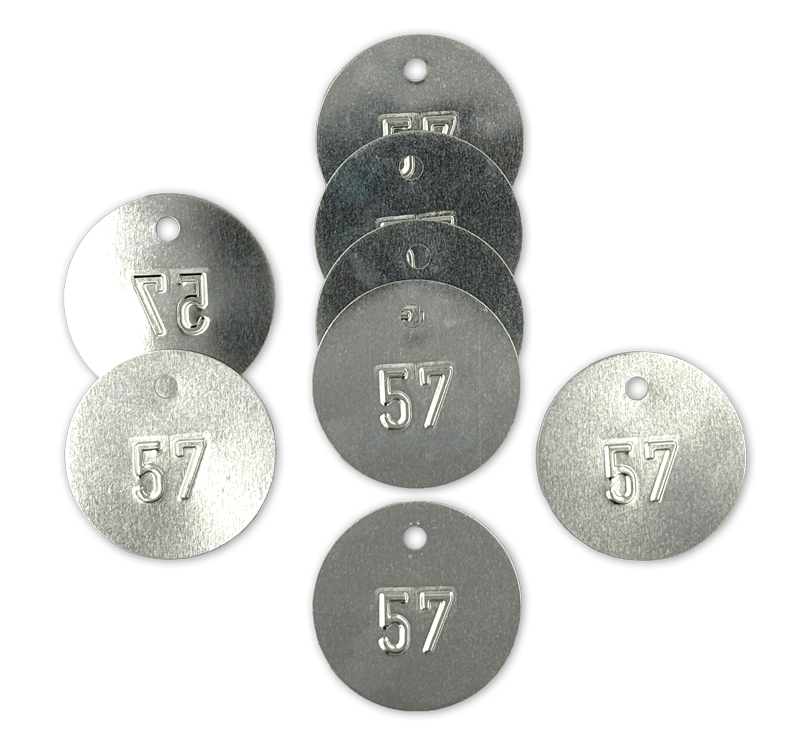 Weißblechplaketten, verzinntes Weißblech, Ø 45, Stärke 0,2 mm, 1 Loch oben 5 mm, geprägt, Set Nr 1-100 Weißblechplaketten, verzinntes Weißblech, Ø 45, Stärke 0,2 mm, 1 Loch oben 5 mm, geprägt, Set Nr 1-100