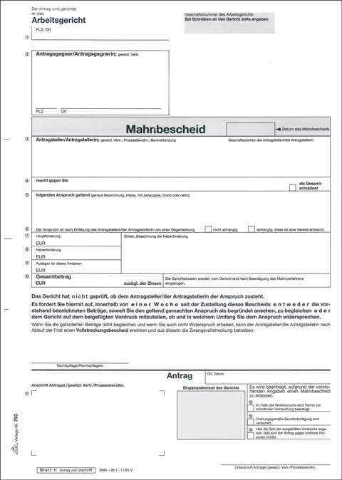 Antrag auf Elass eines Mahn- und Vollstreckungsbescheides durch das Arbeitsgericht