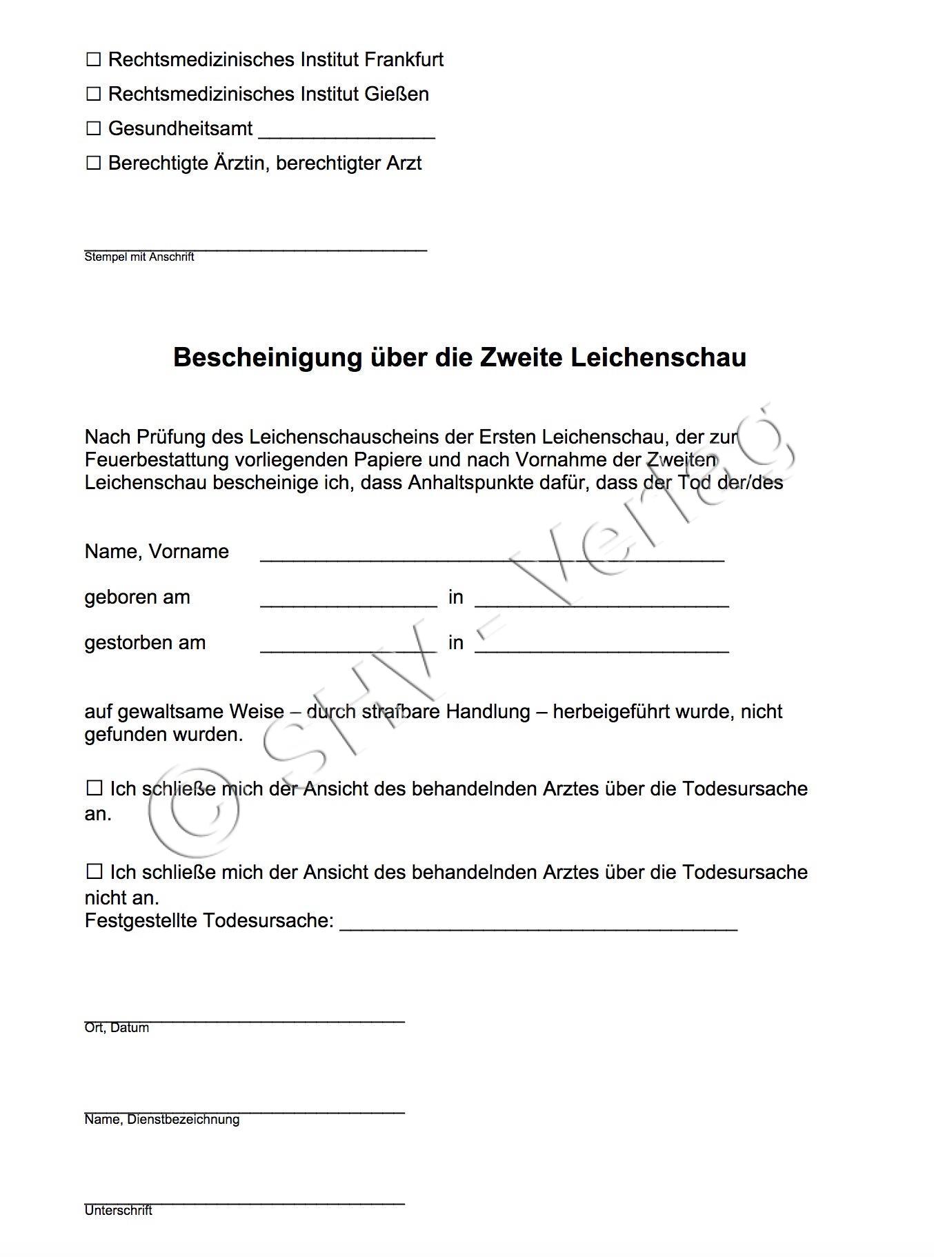 Bescheinigung über die Zweite Leichenschau Hessen