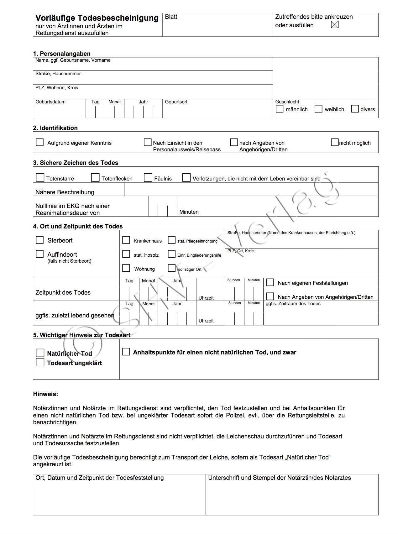 Vorläufige Todesbescheinigung ( Hessen ) Totenschein, Einzelsatz