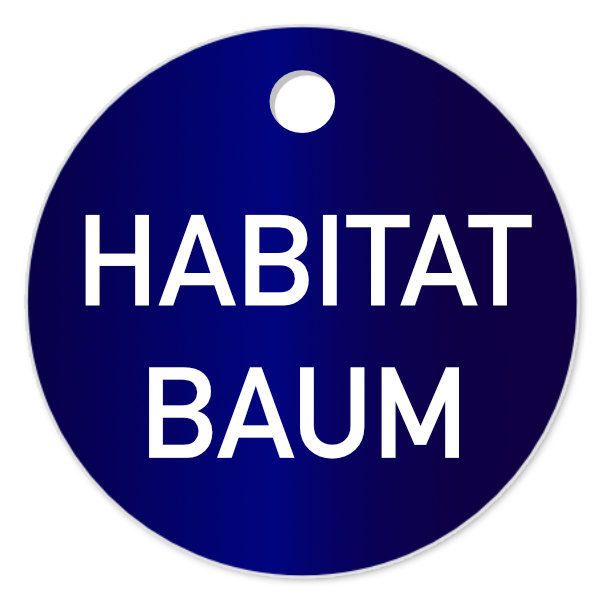 Habitatbaum Baumplakette, 40 mm rund, Aluminium, eloxiert, Stärke 1mm, Text, Laserbeschriftung Habitatbaum Baumplakette, 40 mm rund, Aluminium, eloxiert, Stärke 1mm, Text, Laserbeschriftung