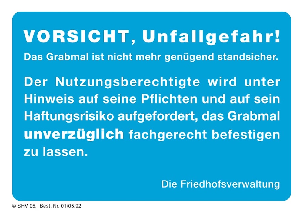 100 PVC-Aufkleber DIN A6, Vorsicht Unfallgefahr, Friedhofsaufkleber blau