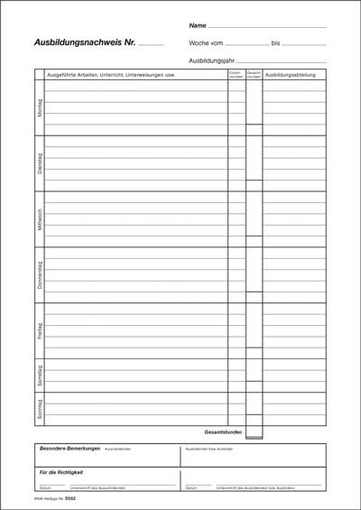 Ausbildungsnachweis - Block für tägliche Eintragungen 1