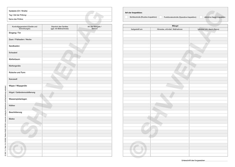 Kontrollbuch für Spielplätze, innen, Doppelseite