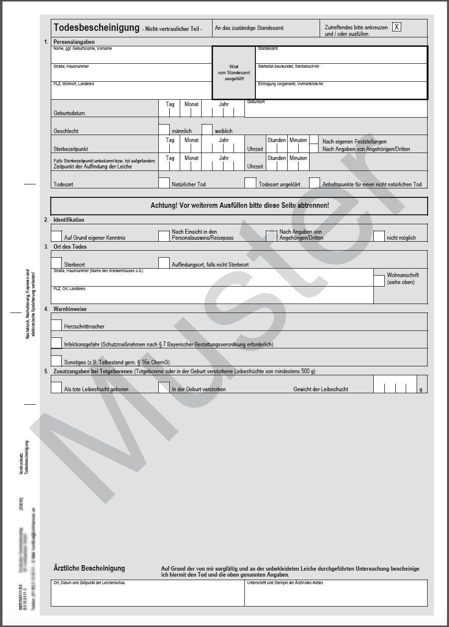 Vorläufige Todesbescheinigung für den Freistaat Bayern, A4, 3-fach SD